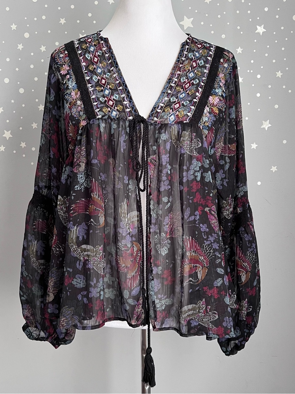 Boho Embroidered Sheer Blouse Crochet Yoke Tassel Tie Balloon Sleeve Womens XL